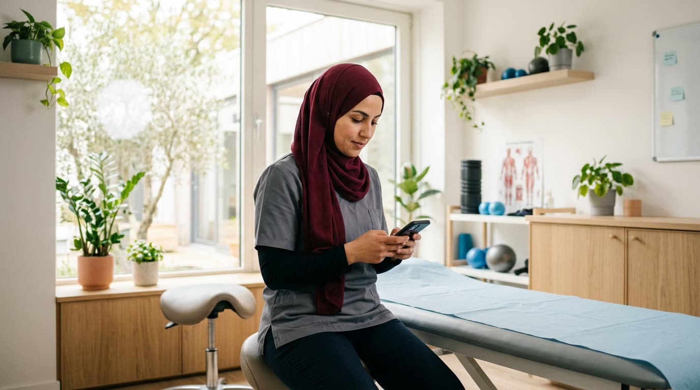Een fysiotherapeut bekijkt in haar praktijk een voorstel op haar telefoon.