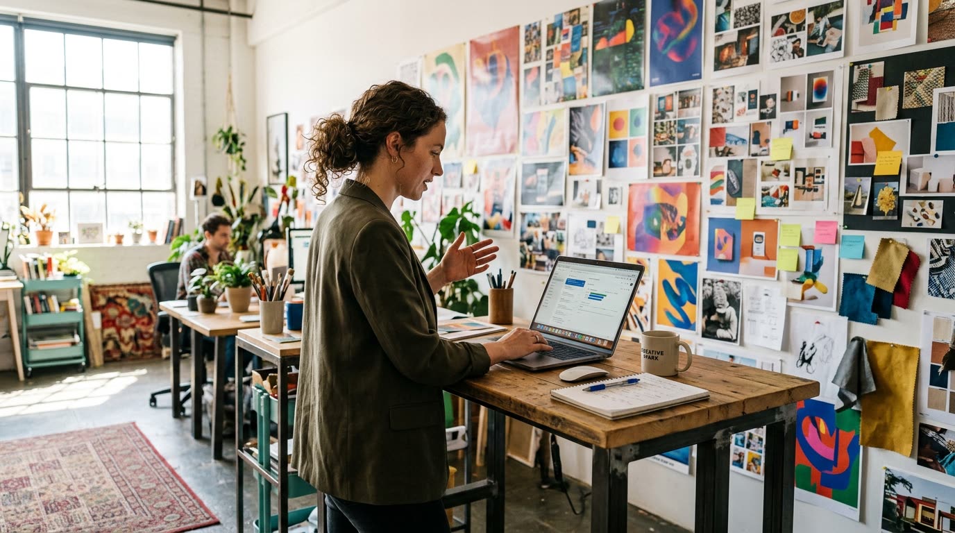 Een bureau-eigenaar bekijkt haar voorstellen op haar laptop in haar studio.