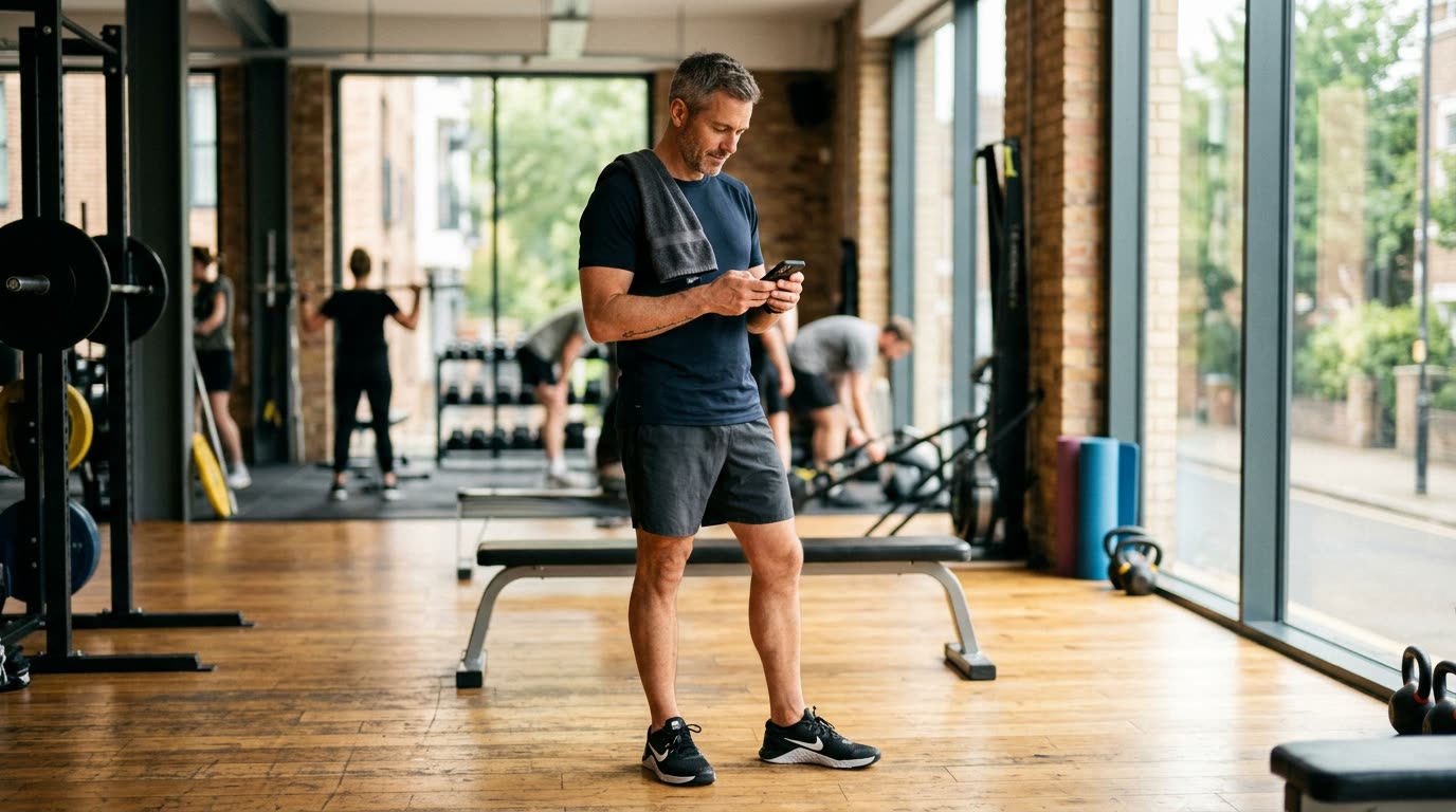 Een sportcoach leest het voorstel op zijn telefoon in zijn eigen gym.