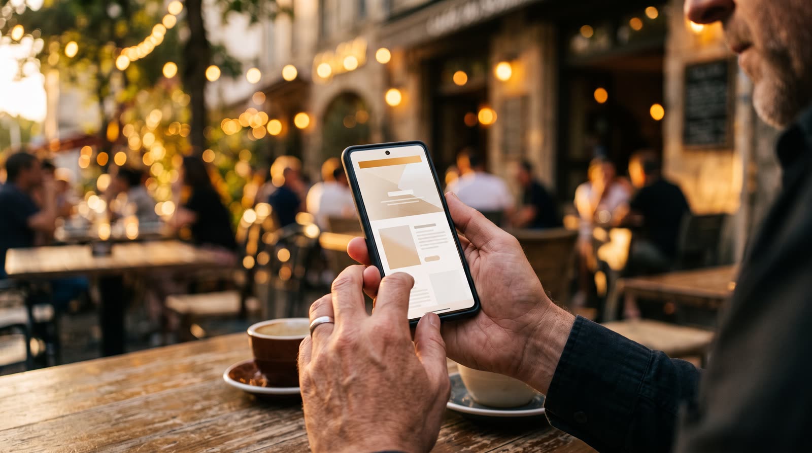 Iemand leest op een terras een voorstel op zijn telefoon.